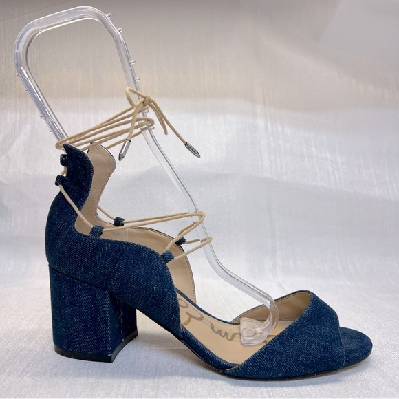 Sam Edelman Women’s 7.5 M Dark Blue Jean Denim Serene Ankle Wrap Heeled Sandals